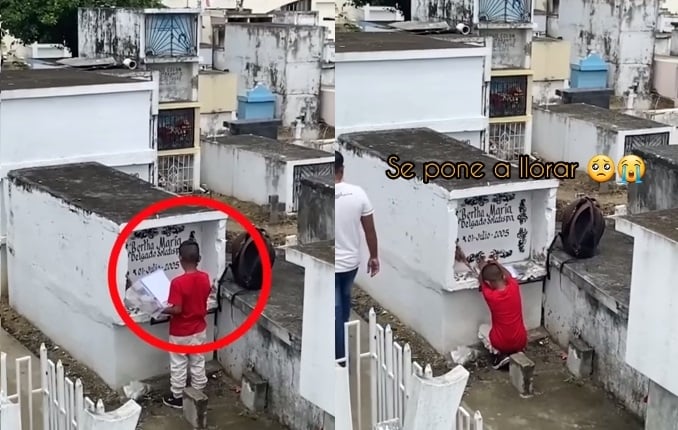 VIDEO Niño visita la tumba de su madre y le lleva flores y sus