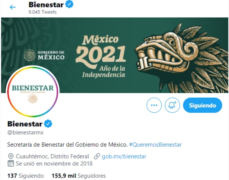 Perfil de Twitter de la Secretaría de Bienestar