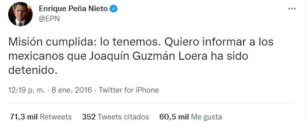 Peña Nieto anuncia tercera captura de El Chapo