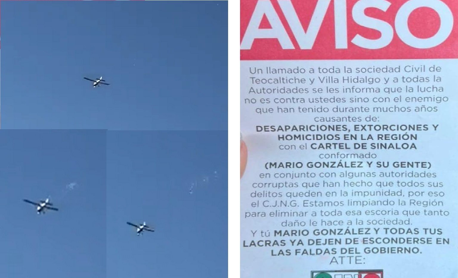 CJNG lanza volantes desde avioneta para amenazar a Cártel de Sinaloa