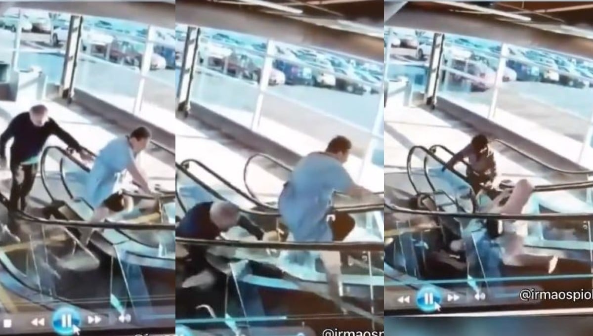 El video de la aparatosa caída que sufrieron unos abuelitos en las escaleras eléctricas
