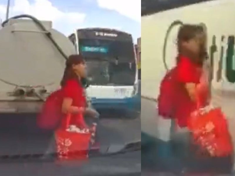 ¡Por poquito! Joven se salva de ser atropellada por un camión en Guanajuato