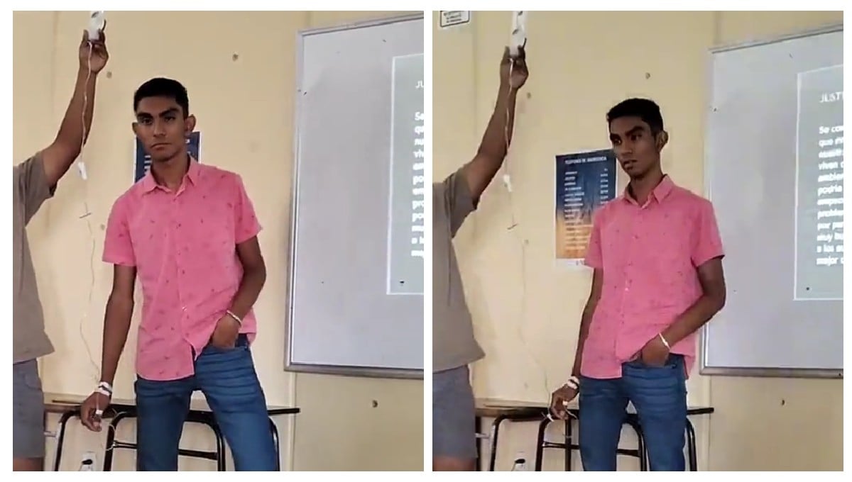 Estudiante enfermo acude con suero a clase para cumplir con su exposición